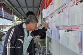 Des électeurs de la commune de Vĩnh Thanh, dans la province de Cà Mau, consultent les informations relatives aux élections et prennent connaissance du parcours ainsi que du programme d’action des candidats. Photo : VNA.