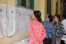 Des habitants khmers du hameau de Ngã Cạy, commune de Xà Phiên, consultent les informations sur les candidats aux élections de l’Assemblée nationale et des Conseils populaires affichées à la pagode Bôrâysarâychum. Photo : VNA.