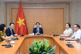 La délégation vietnamienne lors de l'entretien en ligne. Photo : VNA 