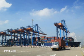 Des camions de conteneurs au port international de Gemalink, au sein du complexe portuaire de Cai Mep (quartier de Tân Phuoc). Photo : VNA