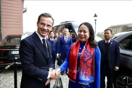 La vice-présidente de la République Vo Thi Anh Xuan (à droite), accueillie par le Premier ministre suédois Ulf Kristersson, le 11 novembre, dans le cadre de sa visite officielle dans le pays nordique. Photo d'illustration : VNA