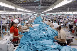 Des ouvriers confectionnent des vêtements destinés à l'exportation à la société à responsabilité limitée à associé unique Việt Pan Pacific World (République de Corée), située dans la commune de Hiệp Hòa, province de Bắc Ninh. Photo : VNA