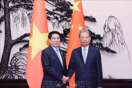 Le président Luong Cuong (gauche) et Zhao Leji, membre du Comité permanent du Bureau politique du Comité central du Parti communiste chinois (PCC) et président du Comité permanent de l'Assemblée populaire nationale (APN). Photo : VNA