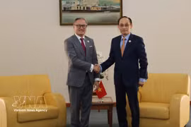 Le ministre vietnamien des Affaires étrangères, Lê Hoài Trung (droite) et le vice-Premier ministre et ministre des Affaires étrangères du Laos, Thongsavan Phomvihane. Photo : VNA