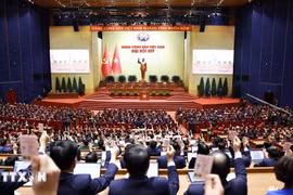 Les délégués votent l'adoption de la Résolution du 14e Congrès national du Parti communiste vietnamien. (Photo : VNA)