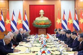 Lors de l'entretien entre le Premier secrétaire du Comité central du Parti communiste cubain et président cubain, Miguel Diaz-Canel Bermudez, et le secrétaire général du Parti communiste du Vietnam. Photo : VNA