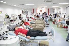 Des jeunes donnent leur sang à l'Institut national d'hématologie et de transfusion sanguine de Hanoï. (Photo : NIHBT)