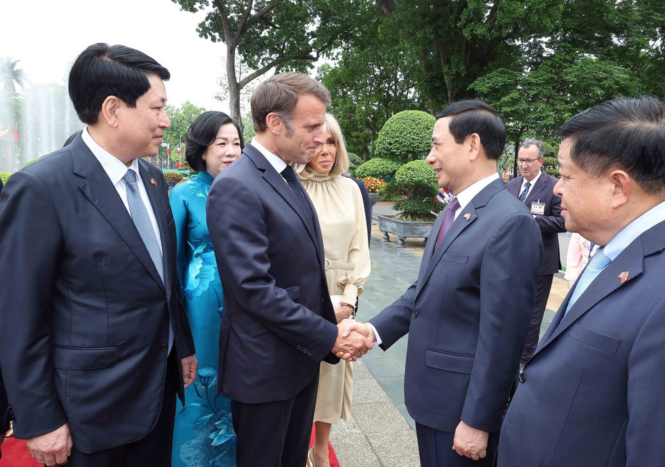 Le président Luong Cuong présente les membres de la délégation vietnamienne au président français Emmanuel Macron. Photo : VNA