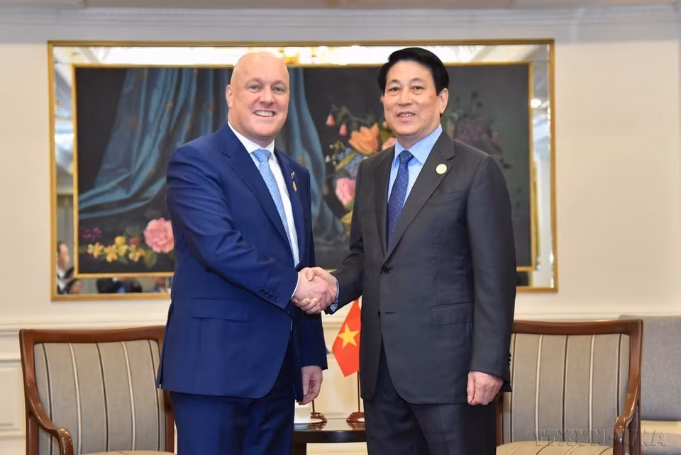 Le 15 novembre 2024, le président de la République Luong Cuong (droite), rencontre le Premier ministre néo-zélandais Christopher Luxon lors de sa visite pour assister à la semaine des dirigeants économiques de l'APEC 2024 à Lima, au Pérou. Photo : Lam Khanh – VNA