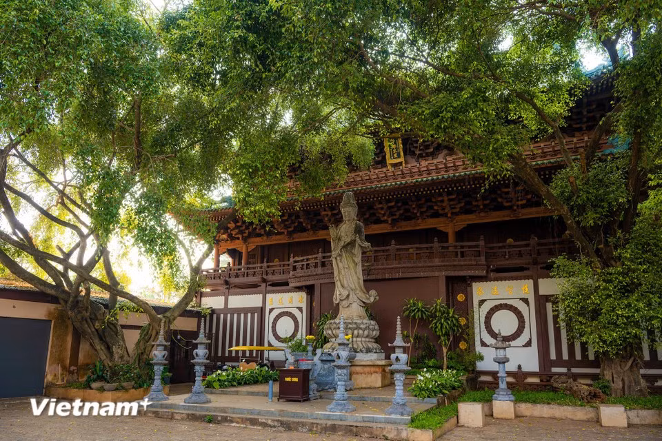 Dès le seuil franchi, le regard est attiré par la statue d’Avalokitesvara, qui veille sur les lieux dans une harmonie de pierre, de verdure et de silence. Photo : Vietnam+