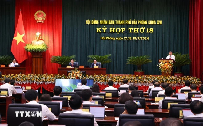 Le président de l’Assemblée nationale (AN), Trân Thanh Mân, s'exprime lors de l’ouverture de la 18e session du Conseil populaire de la ville de Hai Phong (Nord) du 16e mandat (2021-2026). Photo: VNA chutichquochoi.jpg.jpg