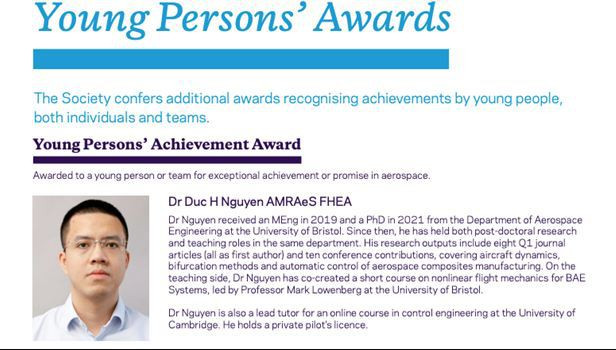 Premier jeune scientifique vietnamien honoré par la Royal Aeronautical Society (Royaume-Uni) ảnh 1 Premier jeune scientifique vietnamien honoré par la Royal Aeronautical Society (Royaume-Uni) ảnh 1