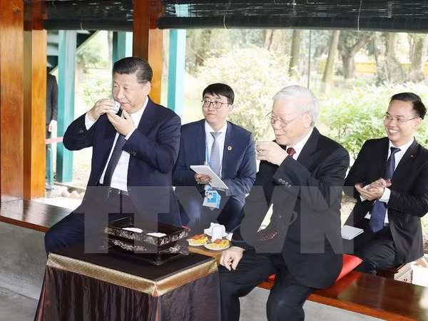 Le secrétaire général du PCV et le dirigeant chinois Xi Jinping assistent à un thé ảnh 1