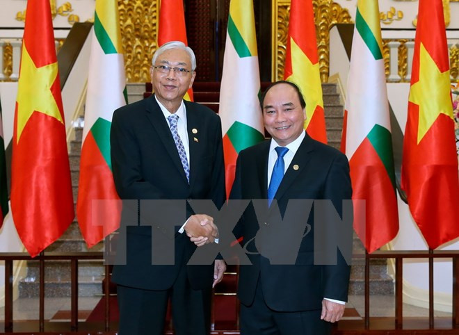 Le chef du PCV et le Premier ministre reçoivent le président du Myanmar ảnh 2 Le chef du PCV et le Premier ministre reçoivent le président du Myanmar ảnh 2