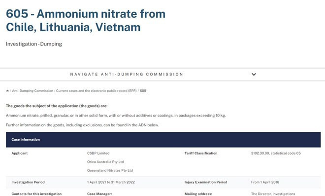 L'Australie décide de ne pas imposer de droitssur le nitrate d'ammonium en provenance du Vietnam ảnh 1 L'Australie décide de ne pas imposer de droitssur le nitrate d'ammonium en provenance du Vietnam ảnh 1