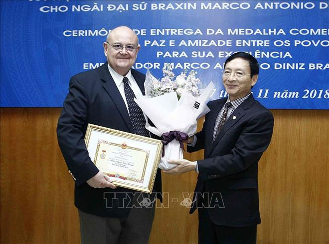 Insigne pour la paix et l’amitié entre les nations à l’ambassadeur brésilien au Vietnam ảnh 1 Insigne pour la paix et l’amitié entre les nations à l’ambassadeur brésilien au Vietnam ảnh 1