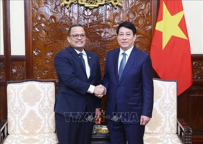 Le président Luong Cuong (droite) et l'ambassadeur de la République dominicaine au Vietnam, Jaime Francisco Rodriguez. Photo: VNA