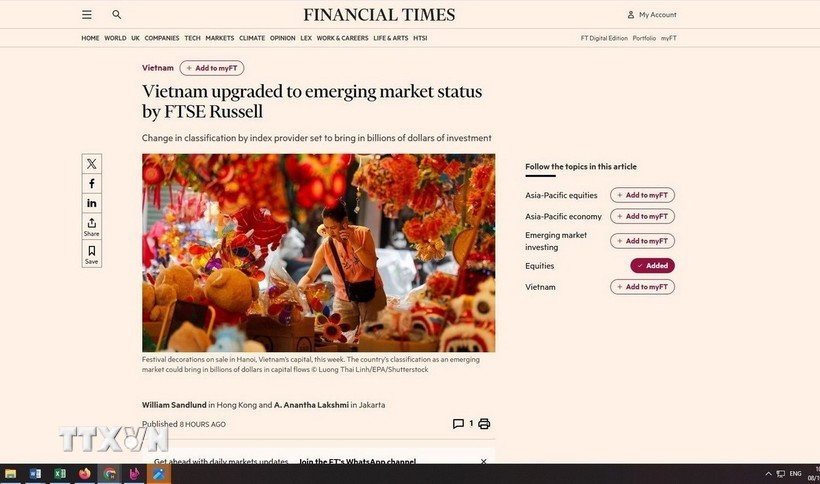 FTSE Russell hisse le Vietnam parmi les marchés émergents. Photo: VNA