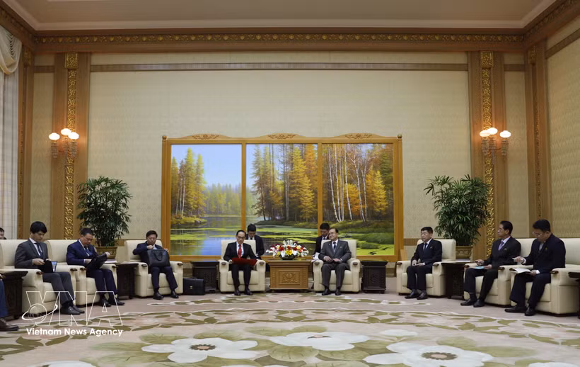Le Hoai Trung, membre du Bureau politique, ministre des Affaires étrangères et envoyé spécial du secrétaire général du PCV et président du Vietnam, To Lam, rencontre à Pyongyang le 15 mai Jo Yong Won, président du Comité permanent de l'Assemblée populaire suprême, président de l'Assemblée populaire suprême de la RPDC. Photo: VNA