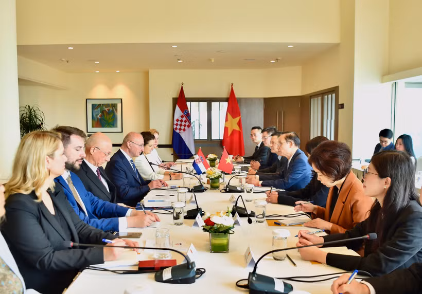 Le ministre vietnamien des Affaires étrangères, Lê Hoai Trung (droite) s'entretient avec le ministre croate des Affaires étrangères et européennes, Gordan Grlić Radman, en visite officielle au Vietnam. Photo: Ministère vietnamien des Affaires étrangères