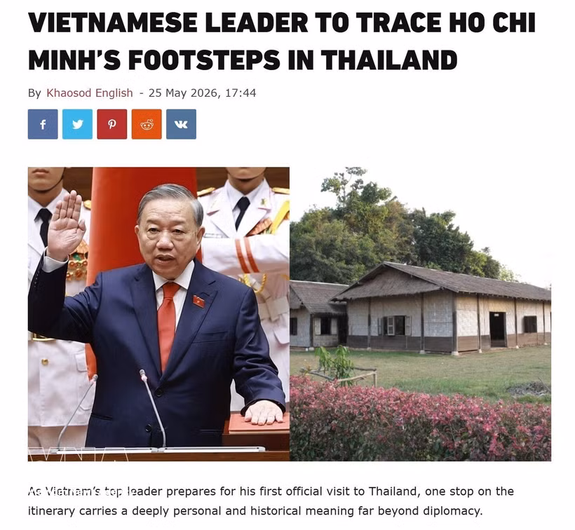 Capture d’écran de l’article « Le dirigeant vietnamien sur les traces du Président Hô Chi Minh en Thaïlande », publié par Khaosod English le 25 mai. Photo: VNA