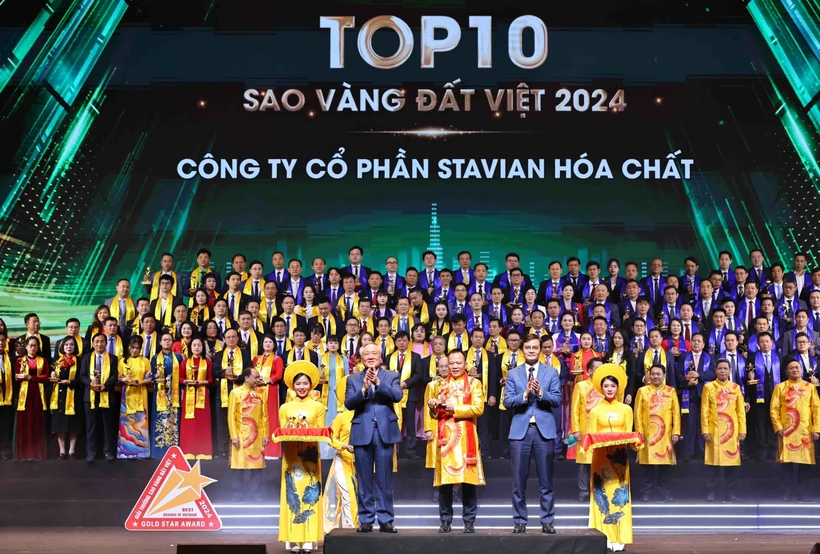 Deux cents entreprises exemplaires se sont vu attribuer, le 24 décembre au soir à Hanoi, l'"Étoile d'or du Vietnam 2024", lors d'une cérémonie marquant le 21e anniversaire de ce prix. Photo: VNA