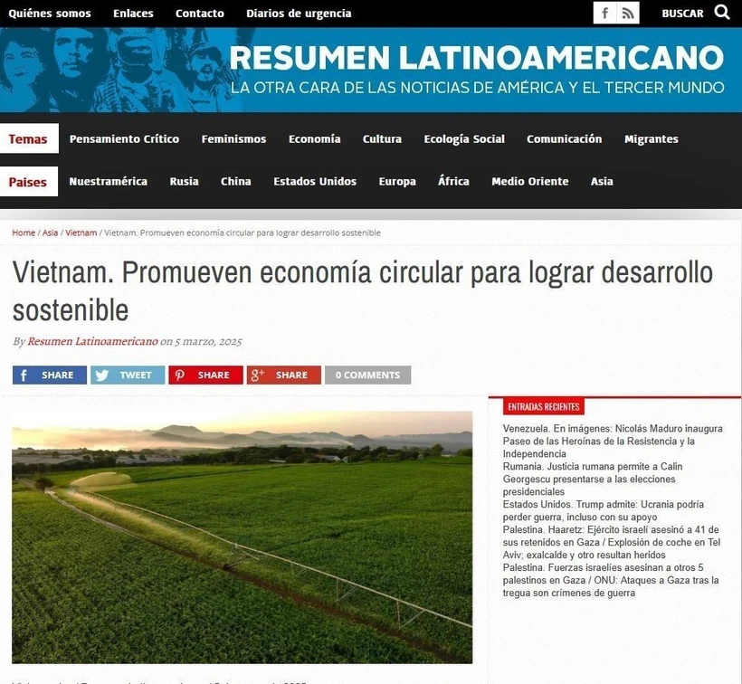 Le journal argentin Resumen Latinoamericano a récemment publié un article mettant en avant l'orientation de développement de l'économie circulaire pour le développement durable du Parti et de l'État du Vietnam. Photo: Captuyre d'écran de l'article