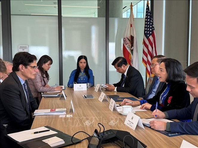 La vice-présidente de l'Assemblée nationale (AN), Nguyen Thi Thanh lors d'une réunion avec le sénateur Josh Becker, président du Comité sénatorial californien de l'énergie, des services publics et des communications. Photo : VNA uuidf1b89e3c-0eb5-42ab-84c5-2c9eafeb9a0bcode001library1type1mode1loctruecaptrue.jpg
