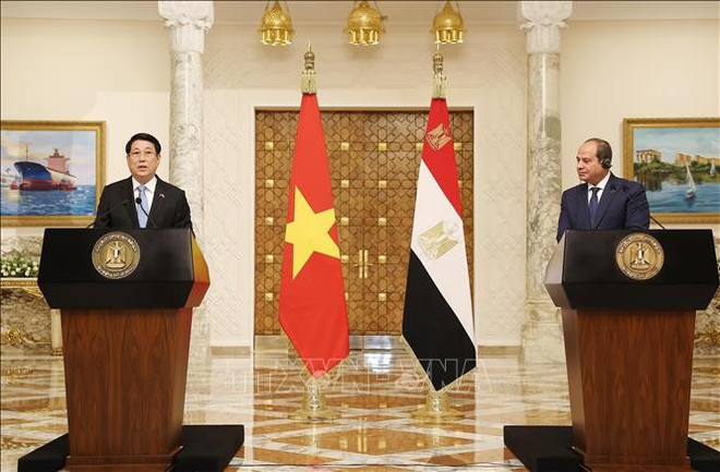 Le président vietnamien Luong Cuong (à gauche) et son homologue égyptien Abdel Fattah El-Sisi lors de la conférence de presse tenue après leur entretien. Photo : VNA uuid428fe489-d5c8-42e5-8988-664a9ac7077ecode001library1type1mode1loctruecaptrue.jpg