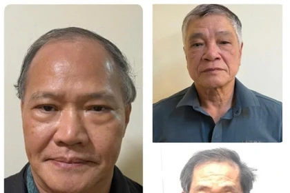 Hoang Van Thang, ancien vice-ministre de l’Agriculture et du Développement rural (à gauche), et deux autres prévenus, Tran To Nghi et Tran Van Lang (en chemises rouges). Photo : cand.com.vn