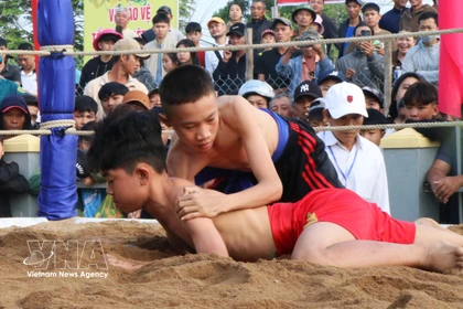 Dans le respect de l’esprit martial, le festival de lutte du village de Sinh interdit formellement toute prise ou tout coup dangereux. Photo : Mai Trang – VNA