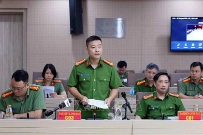 Le sous-colonel Vu Thanh Tung, chef adjoint du C03 s'exprime lors de la conférence de presse du ministère de la Sécurité publique, le 7 juillet. Photo: VNA