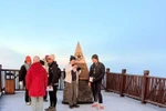 Les touristes sont ravis de découvrir la glace au sommet du mont Fansipan. Photo : VNA