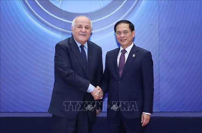 Le vice-Premier ministre Bùi Thanh Son accueille les chefs de délégation participant à la cérémonie d'ouverture à la signature de la Convention de Hanoï, le matin du 25 octobre. Photo : Pham Kien - VNA