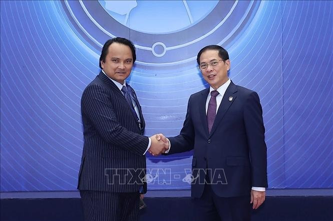 Le vice-Premier ministre Bùi Thanh Son accueille les chefs de délégation participant à la cérémonie d'ouverture à la signature de la Convention de Hanoï, le matin du 25 octobre. Photo : Pham Kien - VNA