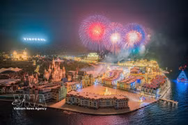 L'île de Hon Tre, dans la province de Khanh Hoa, s'illumine de feux d'artifice. Photo: VNA