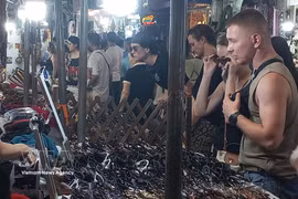 Des touristes étrangers visient le marché du Vieux Quartier de Hanoï. Photo: VNA
