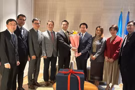 L'ambassadeur Dang Hoang Giang, chef de la Mission permanente du Vietnam auprès de l’ONU (5e de gauche) félicite la Mission permanente du Laos à l'occasion de son Nouvel An traditionnel. Photo: VNA