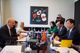 Nguyen Duy Ngoc, membre du Bureau politique, secrétaire du Comité central du PCV et président de la Commission d'organisation du Comité central du PCV, et le vice-Premier ministre russe, Dmitry Chernyshenko, lors de leur séance de travail le 10 septembre. Photo: VNA