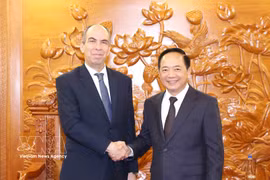 Trinh Van Quyet (droite), membre du Bureau politique, secrétaire du Comité central et chef de la Commission de la sensibilisation, de l’éducation et de la mobilisation des masses du PCV reçoit 'ambassadeur de Cuba au Vietnam, Rogelio Polanco Fuentes. Photo: VNA