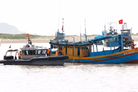 Des gardes-frontières inspectent des bateaux de pêche au port de pêche de La Gi. Photo: VNA