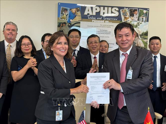 La directrice adjointe de l'APHIS en charge de la quarantaine, Jessica Mahalingappa, et le directeur du Département de la protection des végétaux, Huynh Tan Dat, ont attribué l'accord-cadre de coopération sur la formation et le renforcement des capacités dans le domaine de la quarantaine végétale. Photo: VNA. 6.jpg