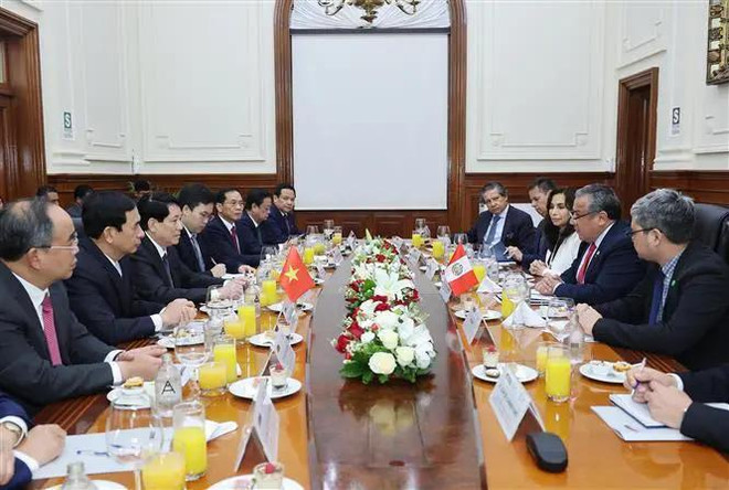 Entrevue entre le président vietnamien Luong Cuong et le président du Conseil des ministres du Pérou, Gustavo Adriazén. Photo: VNA vna_potal_chu_tich_nuoc_luong_cuong_hoi_kien_chu_tich_hoi_dong_bo_truong_peru_7702814.webp