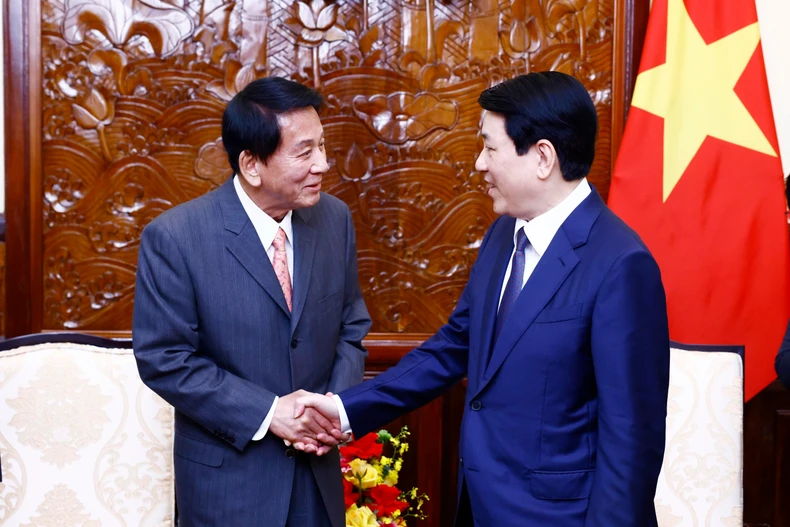Le président de la République, Luong Cuong, (droite), et l'ancien ambassadeur spécial Vietnam-Japon, Sugi Ryotaro. Photo: VNA