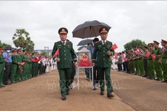 Cérémonie de rapatriement des restes de 172 soldats volontaires et experts vietnamiens tombés au Cambodge au poste frontalier international de Xa Mat. Photo: VNA
