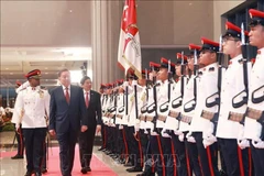 Le secrétaire général du PCV, To Lam, et le Premier ministre de Singapour et secrétaire général du PAP, Lawrence Wong, lors de la cérémonie d'accueil officielle du dirigeant vietnamien à Singapour. Photo: VNA