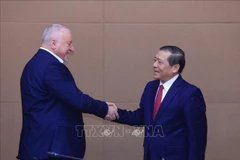 Le chef adjoint permanent de la Commission de la sensibilisation, de l'éducation et de la mobilisation des masses du Comité central du Parti communiste du Vietnam (PCV), Lai Xuân Môn, (droite) et le président du Parti socialiste hongrois (MSZP), Komjáthi Imre. Photo: VNA