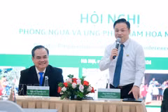 Le vice-président de la Croix-Rouge vietnamienne, Vu Thanh Luu, et le chef du département du travail social et de la gestion des catastrophes, Tran Si Pha, ont présidé la conférence. Photo : Hoang Hieu - VNA.