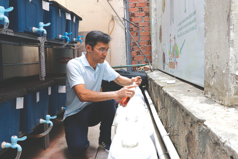 Nguyên Tuân Anh vérifie la décomposition des bouteilles de solution pour créer un engrais organique microbien. Photo : VNA/CVN
