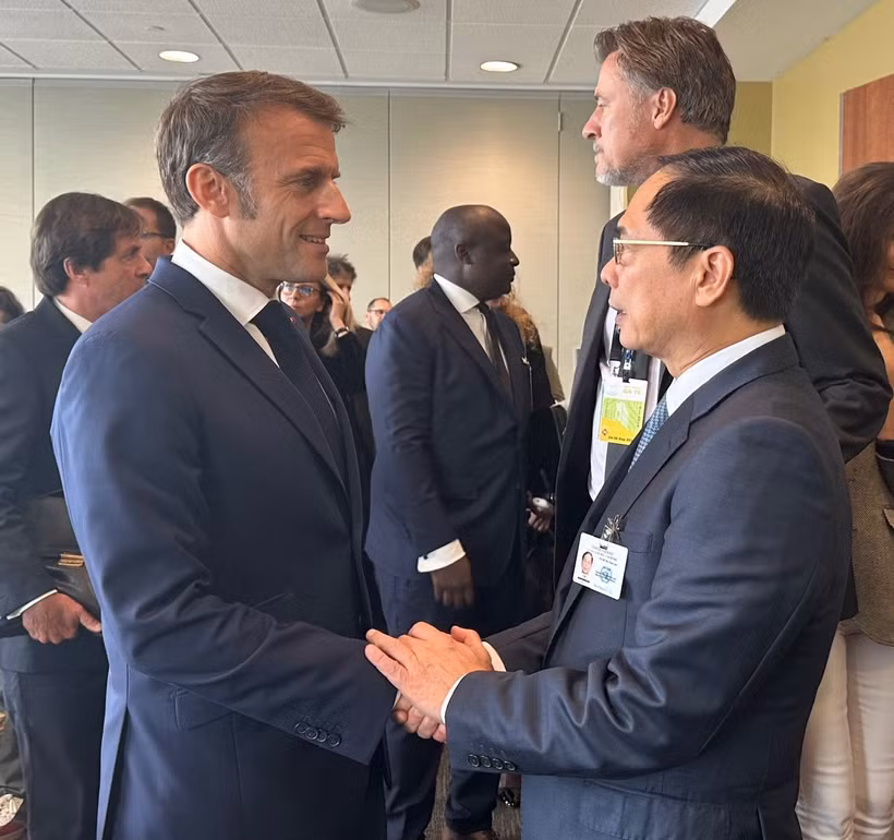 Le vice-Premier ministre et ministre des Affaires étrangères (AE) Bui Thanh Son (droite) et le président français Emmanuel Macron. Photo: VNA